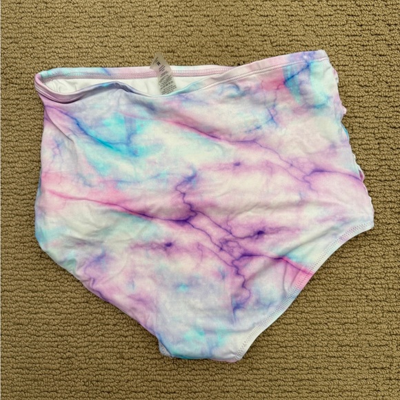 Kiava watercolor asymmetric bikini top with ruched high rise bottoms, size med - Picture 3 of 9